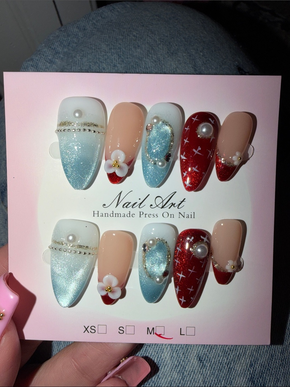 Handmade Press-On Nail Set - Blue, Red & Nude Floral Pearls